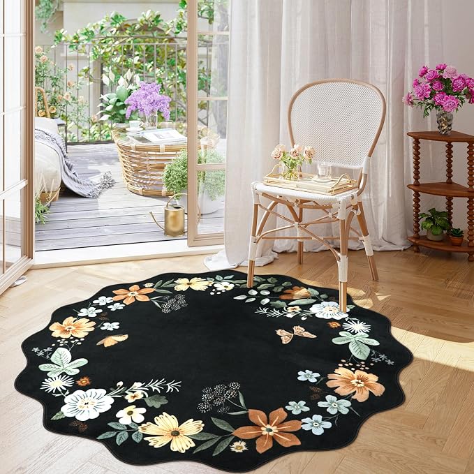 Lahome Floral Washable Round Rugs, Non-Slip Soft Round Rug 4ft Ultra-Thin | Small Boho Circle Carpet for Entryway Kitchen Bedroom Nursery Bathroom Flore Black/Grey