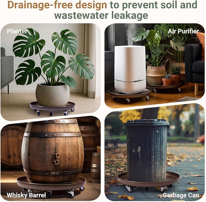 Briwooody 1 Pcs Large Round Plant Saucer with Lockable Wheels Flower Plant Trays Heavy Duty Round Water Catcher Easy to Move for Pots Indoors Outdoor Garden (24 Inch,Copper Gold)