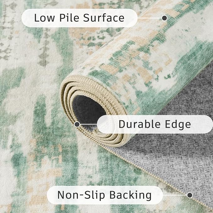 DCX Washable Abstract Area Rug 7x9, Non Slip Low Pile Rug, Sage Green | Easy to clean, non-shedding, soft, kid & pet friendly, with a non-slip rubber backing for living rooms, bedrooms, and offices