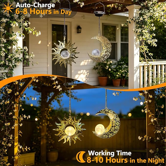Solar Hanging Lights for Outside Garden,Outdoor Metal Lanterns Sun Moon Lamp, Large Decorations for Yard Garden Patio Proch Tree Wall, Christmas Gifts for Women Mom