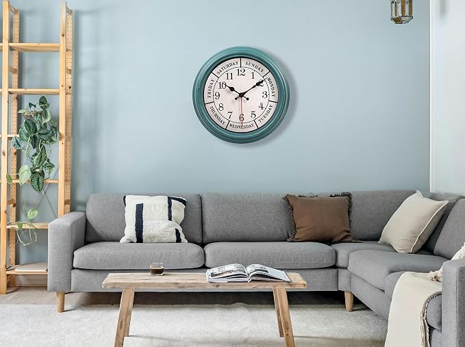 zyzamay 12 Inch Retro Wall Clock,Classic Day of The Week Wall Clock,Easy to Read,Non-Ticking Round Classic(Green)