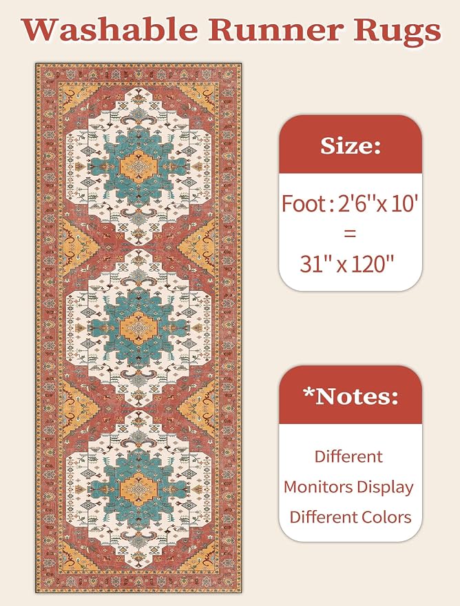 SERISSA 2'6"x10' Washable Non Slip Boho Runner Rug for Hallway，Orange | Ultra Soft Vintage Oriental Carpet Low-Pile Distressed Tribal Floor Carpet for Kitchen Bedroom Bathroom Laundry Room