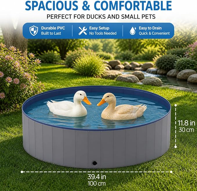 Foldable Duck Pool: Portable Hard Shell Duck Pond for Ducks Dogs Cats 39.4x11.8 Inch Collapsible Pet Bath Tub Indoor Outdoor Use (Gray and Dark Blue, 100in*30in)