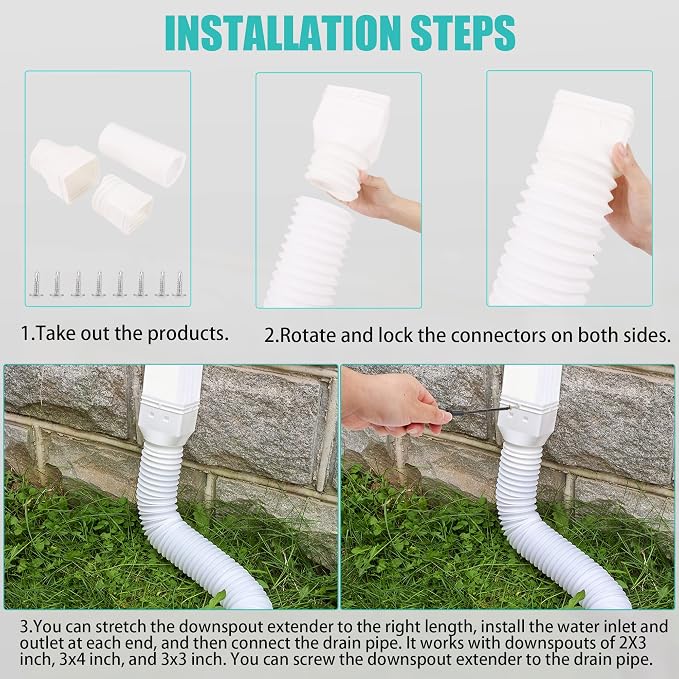 2 Pack Rain Gutter Downspout Extensions Flexible,Downspout Extender Diverter Extendable from 21" to 58". Drain Pipe Connector Extendable for Most Residential Downspouts (White)