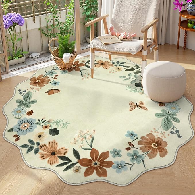 Lahome Floral Washable Round Rugs, Non-Slip Soft Round Rug 4ft Ultra-Thin | Small Boho Circle Carpet for Entryway Kitchen Bedroom Nursery Bathroom Flore, Beige