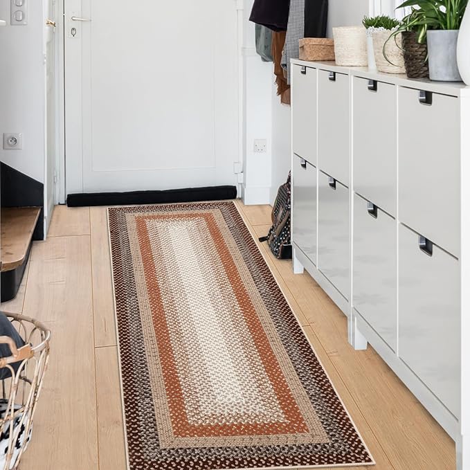 RUGSREAL Washable Runner Rug 2x8 Non Slip Braided Hallway Runner Mat | Stain Resistant Kitchen Farmhouse Printed Carpet Rustic Accent Runners for Living Room Bathroom Entryway, Brown/Rust