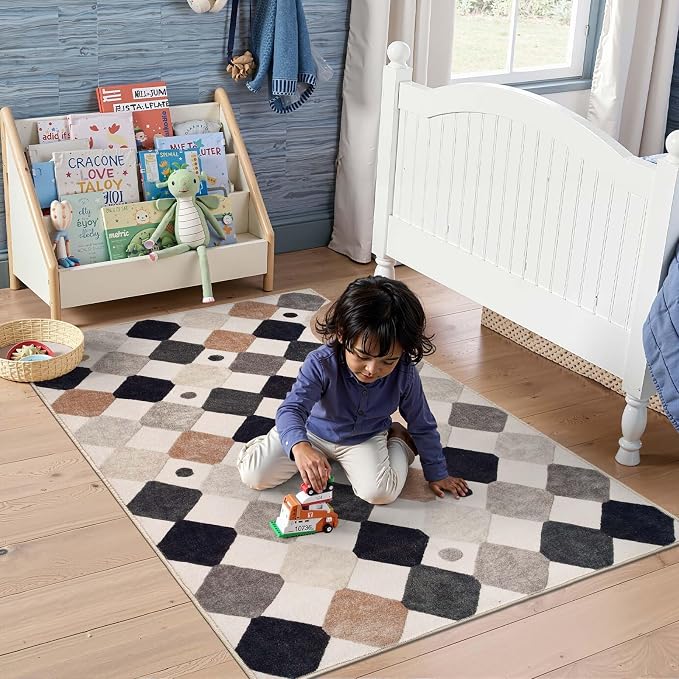 jinchan 3x5 Washable Playroom Rug for Kids Room Classroom Rug Marble | Soft, Non-Slip, Kid-Friendly, Checkered Diamond Design, Play Mat, Black White on Cream, Bedroom, Dorm, Daycare, Living Room
