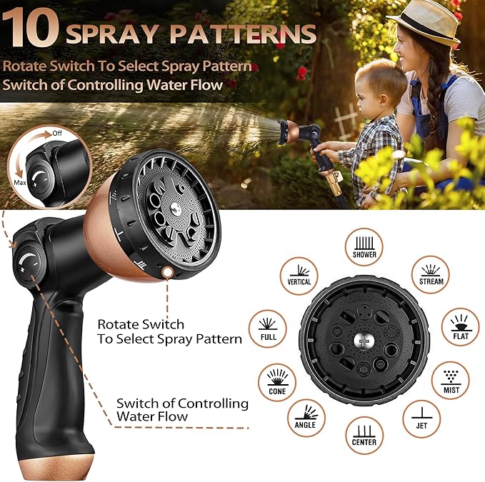 Garden Hose 25FT, Lightweight Flexible Water Hose, 5/8" Kink Free Leak Proof Hose, Heavy Duty 96-Layer Woven with 3/4" Brass Fittings, 10 Function Nozzle for Yard Lawn Outdoor Car Wash(BlackRosegold)