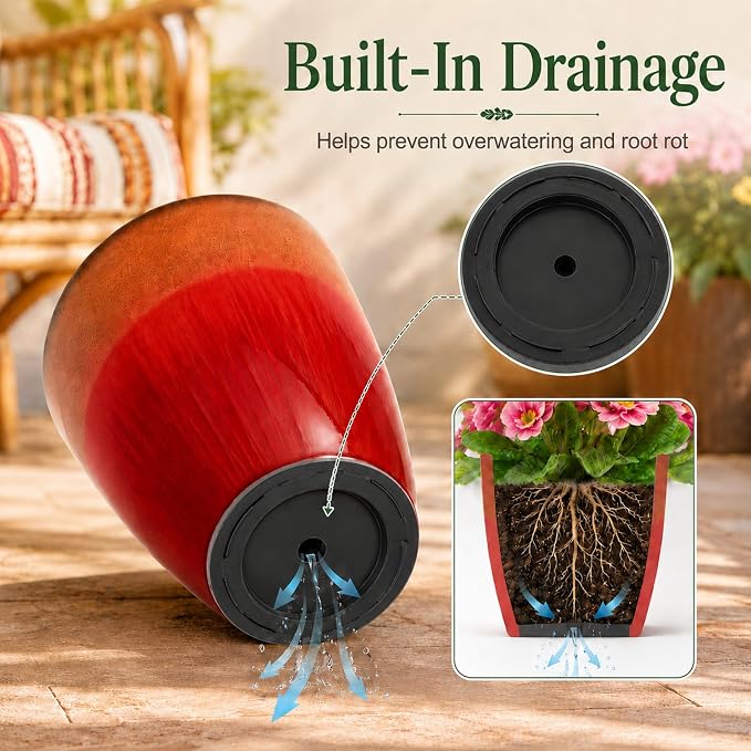 Neoaider Set of 3 Tall Planter, 24/21/12in Large Plastic Planter, Firey Red | Ceramic-Look, Lightweight, Built-in Drain Hole, Saucers, Tall Outdoor Planter for Porch, Garden, Patio, Balcony