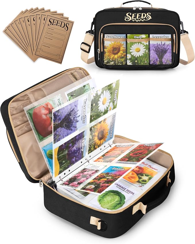 Seed Storage Organizer Binder with 20 Reusable Seed Envelopes | 30 Sheet Protectors Holds 120 Packets Envelopes, 1.5-Inch 3-Ring Binder, Handle & Adjustable Shoulder Strap,Ideal for Garden