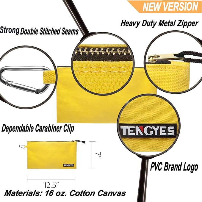 Canvas Tool Pouch Zipper Bag, 5 Pack Utility Bags | Heavy Duty, Metal Zippers Pouches, with Carabiner, Multi Storage Organizer Clip on Tote Bags