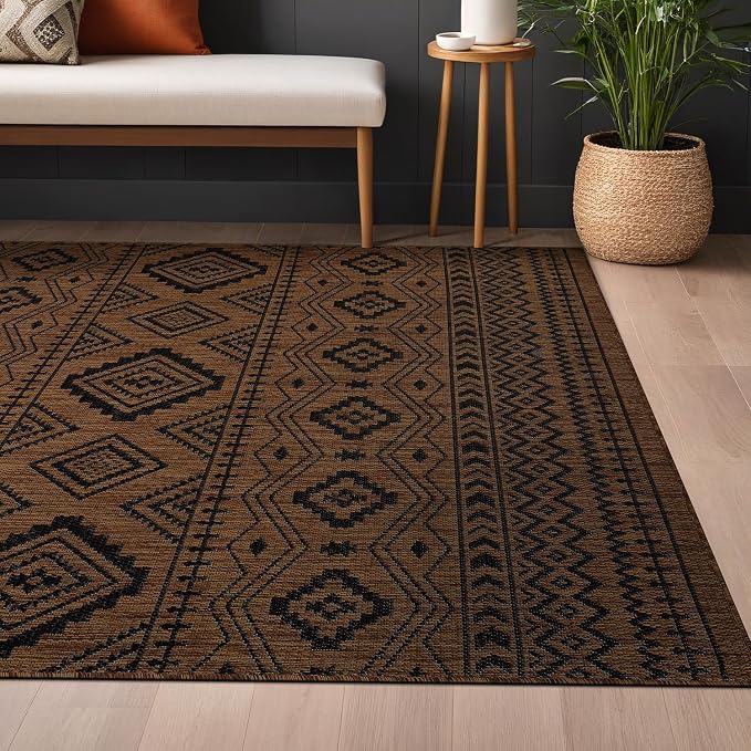 Beverly Rug Waikiki Boho Indoor Outdoor Rug 6x9, Washable Outside Carpet for Patio, Deck, Porch, Bohemian Area Rug, Farmhouse Rugs, Aztec Tribal Rug, Nut Brown and Black