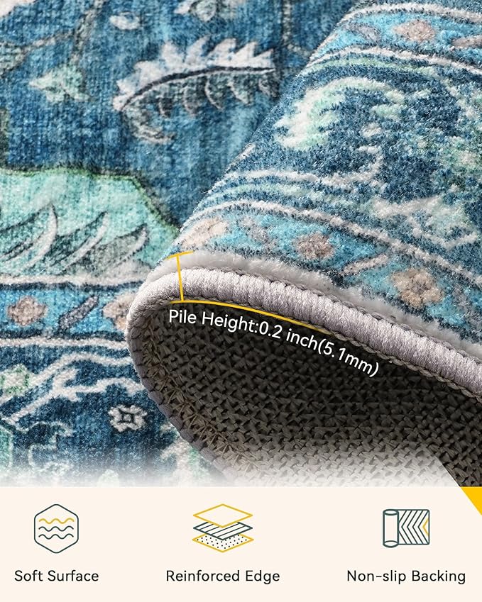 RELEANY Washable Area Rug, Runner 2'x10', Teal | Non-Slip, Water Repellent, Pet Friendly, Easy to Clean, Vintage Floral Boho Decor for Kitchen Hallway Bedroom Laundry