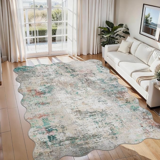 ROYHOME Modern Abstract Scalloped Area Rug 9x12 Non Slip, Colorful | Non Shedding Rug Low Pile Stain Resistant for Bedroom Living Room
