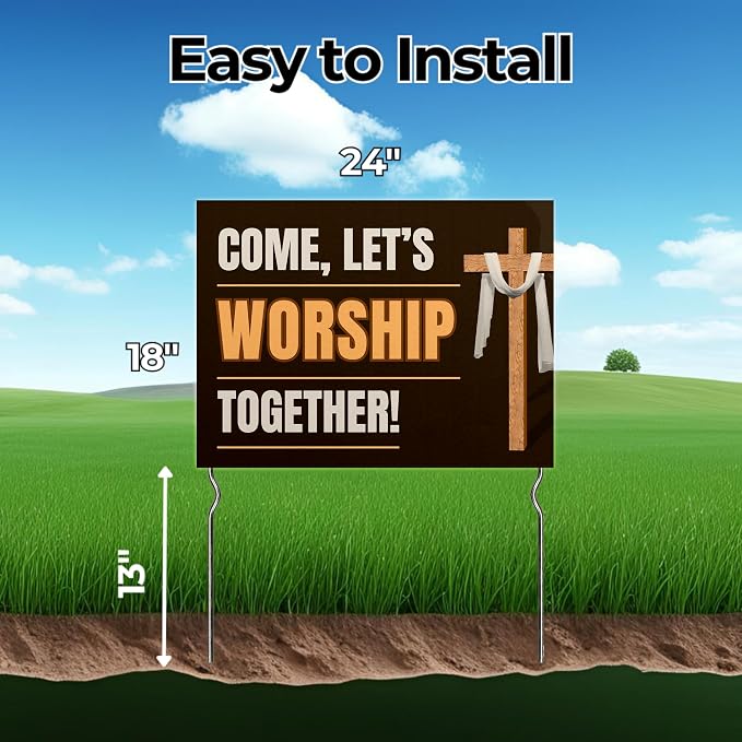Come, Let’s Worship Together! Yard Sign by DC | 24"x18" Double Sided Church Garden Sign with 13” Metal Stakes | Outdoor Signs Waterproof for Lawn, Patio, Sidewalk & House | Set of 2 | Made in USA