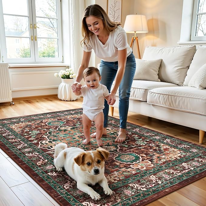 U'Artlines Boho Vintage Area Rug 4x6 Machine Washable Carpet, Rust＆Teal | Low Pile, Non Slip, Ultra-Thin Soft Floor Carpet, Accent Rug for Living Room Bedroom Entryway Dining Room Office