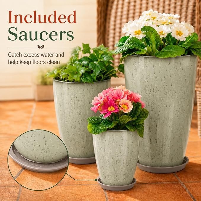Neoaider Set of 3 Tall Planter, 24/21/12in Large Plastic Planter, DripGlaze | Ceramic-Look, Lightweight, Built-in Drain Hole, Saucers, Tall Outdoor Planter for Porch, Garden, Patio, Balcony