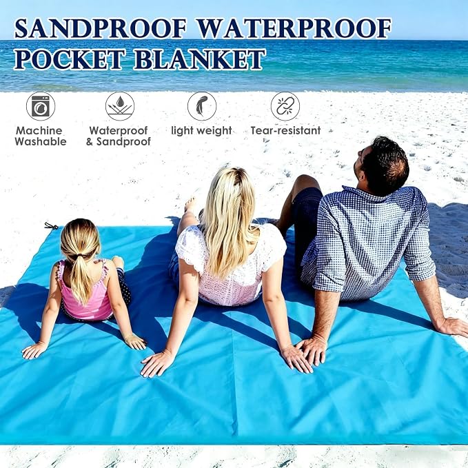 Fammart Pocket Picnic Blanket Sandproof Waterproof, Portable Lightweight Camping Tarp, Quick Dry Foldable Compact Beach Mat with Corner Pockets & Stakes for Festivals Hiking Outdoor Essentials