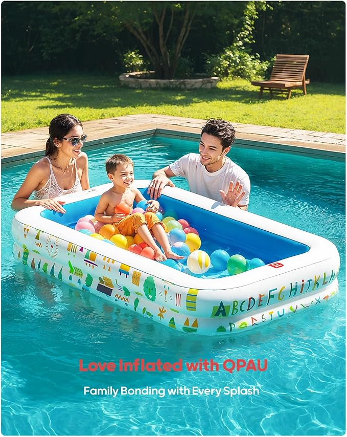 QPAU Kiddie Pool, Alphabet and Number Design, 65 x 39 in, Blue | Inflatable Design with Soft Floor, Converts to a Ball Pit for Kids and Toddlers, for Indoor and Backyard Play