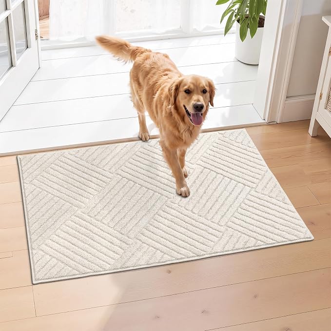 2x3 Bedroom Runner, Soft Beige Geometric Fluffy Hallway Mat | Washable Modern Hall Floor Rug, Non Slip Shaggy Boho Indoor Accent Kitchen Throw Carpet for Laundry, Entyway and Bathroom