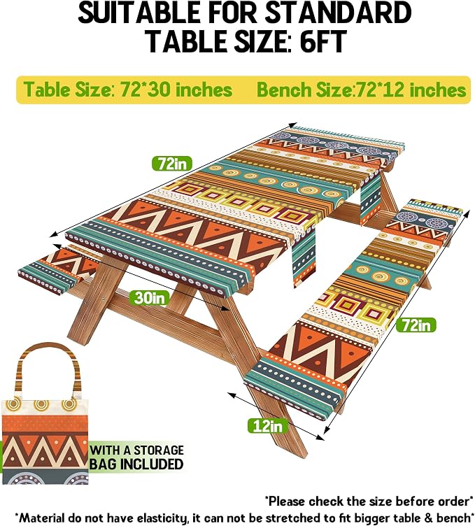 Fitted Picnic Table Cover with Bench Covers Fitted Rectangle Table Cloth Tablecloth Camping Gear Essentials Rv Accessories Road Trip Supplies Car Travel Must Have 6 Ft Foot Feet 72in Bohemian Boho