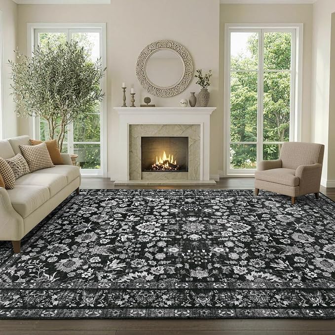 6x9 Ft Large Area Rugs for Living Room, Soft Non-Slip Machine Washable Rug, Vintage Stain Resistant Carpets for Bedroom Nursery Dining Room Home Decor (Black)