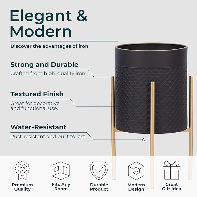Decorative Flower Pots with Metal Stand for Home Decor - Modern Planters for Hallway, Entryway, and Living Room Decor - Indoor and Outdoor Pots for Plants - Set of 2, 23", 19", Black & Gold
