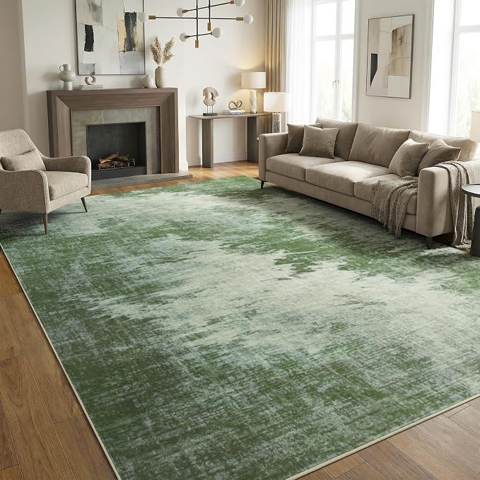 4x6 Abstract Distressed Faux Cashmere Rug for Living Room Low Pile | Machine Washable Throw Rugs, Non-Slip Stain Resistant Forest Floor Carpet for Bedroom, Dorm, Farmhouse Home Decor, Green