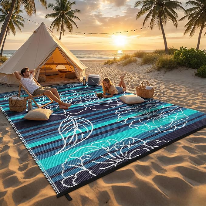 Garvee 6x9 Outdoor Waterproof Rug, Floral Outdoor Area Rug，Reversible Plastic Straw Patio Rug, Portable Camping Mat for RV, Picnic, Beach, Balcony, Garden & Camping Black&Blue