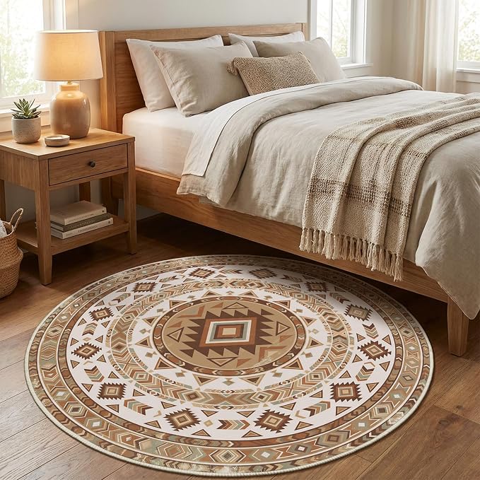 3ft Round Southwestern Rug, Geometric Tribal Pattern, Non-Slip Mat | Stain-resistant and machine-washable design for easy care, complemented by reinforced edges for lasting durability.