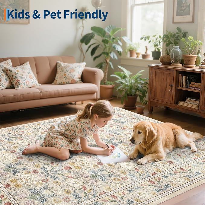 GarveeHome Washable Area Rug 6x9, Soft Vintage Floral Bedroom Rug Non Slip Low Pile Beige Carpet Stain Resistant Throw Rug for Bedside Kids Room Office Dining Room