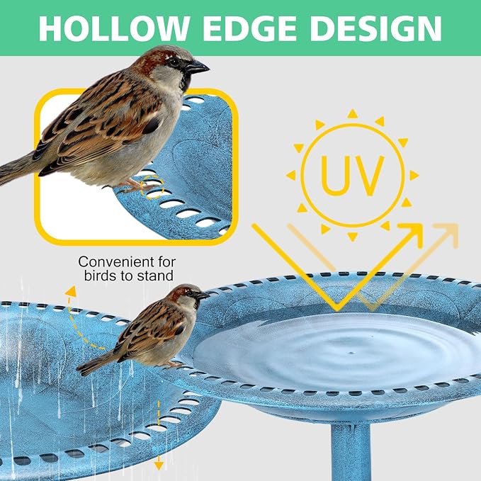Bird Bath for Outside with 4 Removable Flower Planters 28in Polyresin Lightweight Vintage Birdbath for Outdoors Stake Standing Bowl and Water Feeder Yard Garden Decor Blue