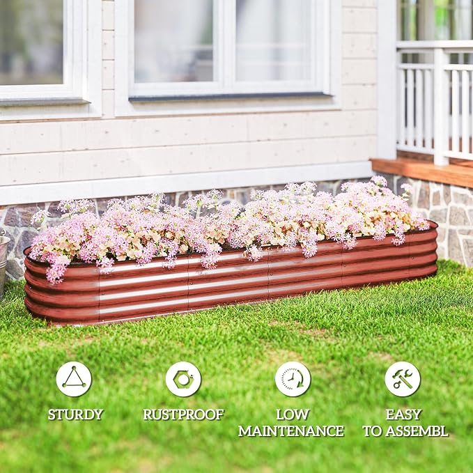Outsunny 8' x 2' x 1' Galvanized Raised Garden Bed Kit, Outdoor Metal Elevated Planter Box with Safety Edging, Easy DIY Stock Tank for Growing Flowers, Herbs & Vegetables, Dark Brown
