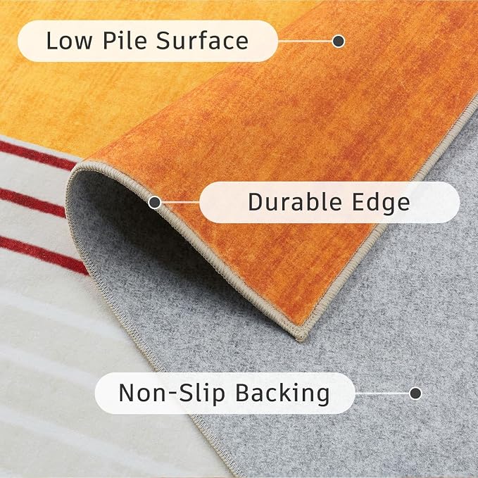 DCX Abstract Washable 4x6 Rug, Non Slip Low Pile Rug, Orange & Yellow | Rugs for living room, bedroom, dining room, office, soft, mid century modern rug, sain resistant indoor carpet, home decor