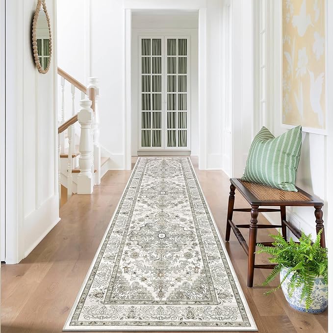 U'Artlines 2' x 8' Boho Hallway Runner Rug, Non Slip Runners, Grey Taupe | Washable, Vintage Farmhouse Kitchen Rug, Accent Area Carpet, for Entryway Laundry and Living Room