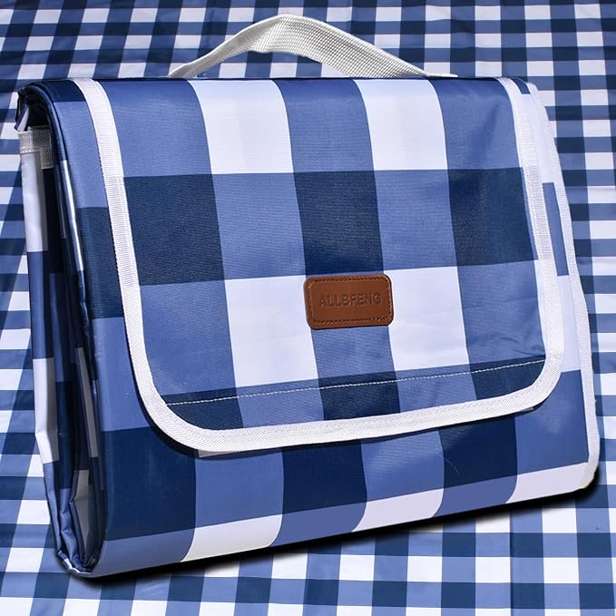 80"x60" Waterproof Sandproof Picnic Mat - Portable Foldable Outdoor Blanket for Beach, Park, Travel & Indoor Use - Lightweight Compact Design, Easy-Carry (Blue&White)
