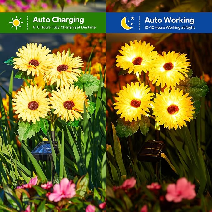 WdtPro 4 Pack Outdoor Solar Garden Lights with 16 Glowing Daisy Flowers & Stems, Waterproof Solar Flowers Lights for Outside Yard Patio Decor