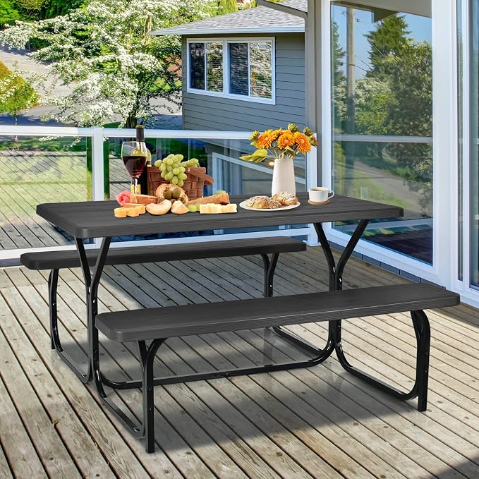 HAPPYGRILL Outdoor Picnic Table Bench Set with Metal Frame & All Weather-Resistant Surface, Camping Table Set for Patio Backyard Poolside Garden Dining Party