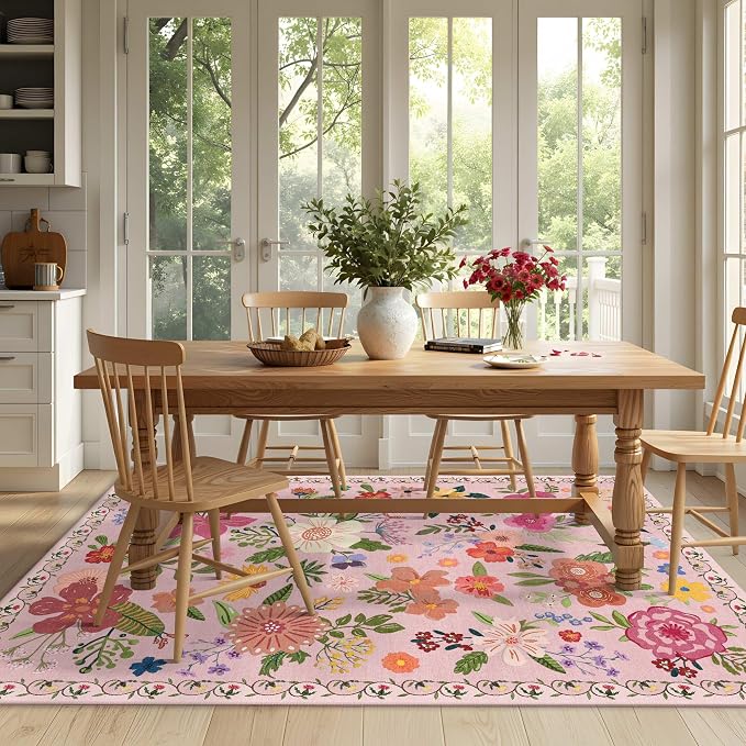 Latte&Fog Washable Living Room Floral Rugs 5x7 Pink Rugs for Girls Bedroom | Non Slip Low Pile Soft Cute Carpet for Dining Kitchen Kids Playroom Nursery Guest Room Classroom Dorm Farmhouse Office