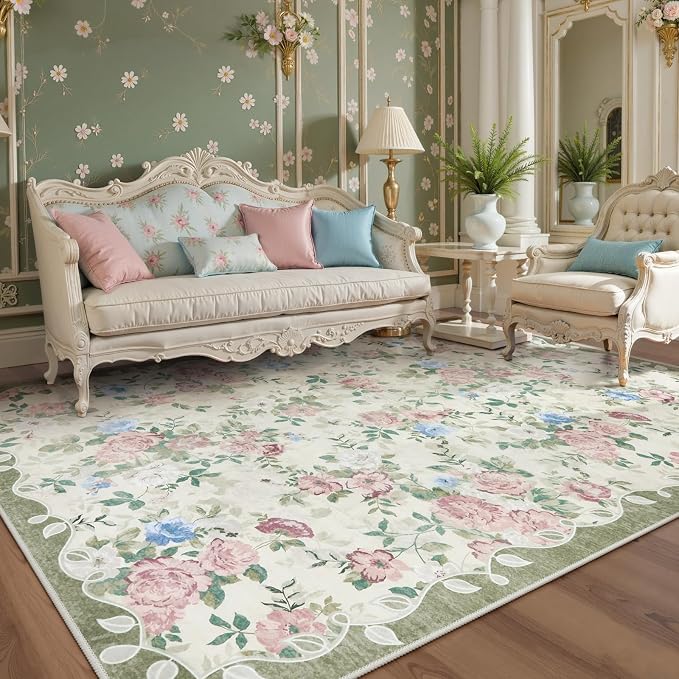 Lahome Cream and Green Vintage Floral 8x10 Rug for Living Room | Large Boho Area Rug Machine Washable, Low Pile Bedroom Rug for Office, Playroom, Dining Room, Nina