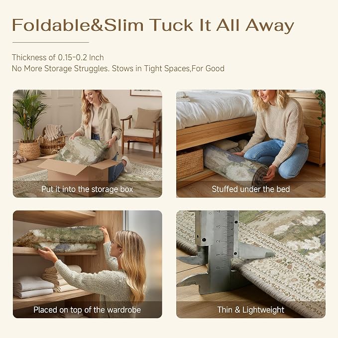 Beige Area Rug 4x6 Living Room Vintage Floral Non-Slip Carpet | Machine Washable, Soft, Low Pile, for Bedroom, Dining Room, Kids Room, Nursery, Office, Impressionist Farmhouse Decor