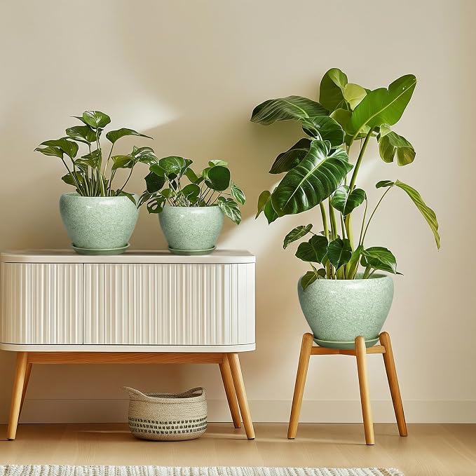 10 Inch Ceramic Planter, Crackle Light Green | Drainage Hole and Saucer, Indoor Outdoor Use, Round Shape, Room Decor