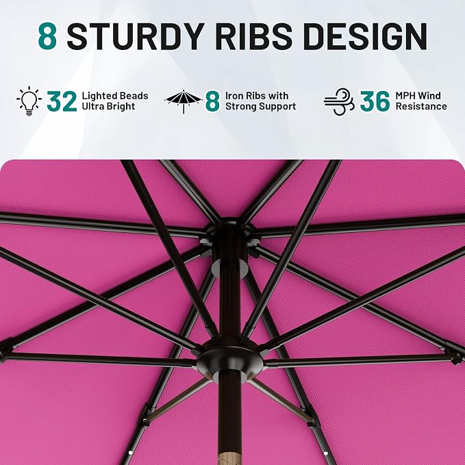 AreShark 9FT Patio Umbrella with Solar Lights, 32 Lighted Pool Umbrella w/Tilt and Crank, Outdoor Market Solar Umbrellas for Garden, Deck, Backyard, Pool and Beach, Rose Pink