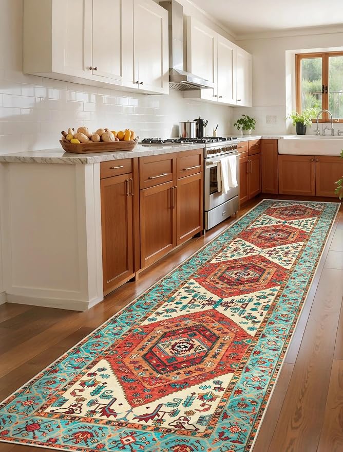 SERISSA 3x12 Washable Non Slip Boho Runner Rug for Hallway，Orange | Ultra Soft Vintage Oriental Carpet Low-Pile Tribal Floor Carpet for Stair Kitchen Bedroom Bathroom Laundry Room