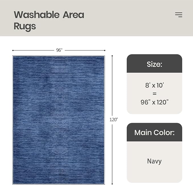 Valenrug 8x10 Area Rugs for Living Room, Large Washable Rug Non Slip Navy | Soft Low Pile, Thin & Lighweight Carpet, Folable Stain Resistant Modern Indoor Floor Mat for Bedroom, Dining Room, Home Decor