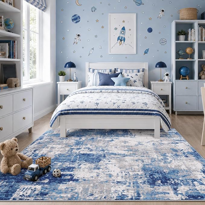 RELEANY Washable 6'x9' Abstract Area Rug for Living Room Blue Gray | Carpet for Bedroom, Kitchen, Office, Hallway and Entryway, Printed Pattern, Non‑Slip, Soft, Stain‑Resistant, Easy to Clean