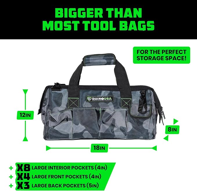 Rhino USA Tool Bag (18-Inch) Heavy Duty Wide Mouth Tool Tote with Zipper for Men - Large Tools Bags with Extra Side Storage Pockets, Reinforced Shoulder Strap & Upgraded Metal Clips (Camo)