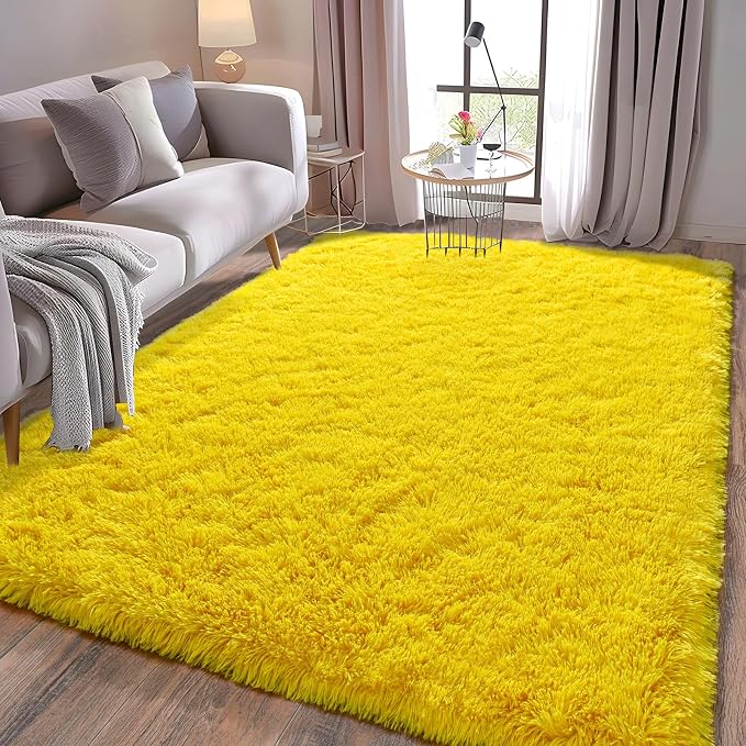 Fluffy Shag Rugs for Living Room 6x9 Yellow Washable | Upgrade Non-slip, 6 x 9 Large Big Shaggy Area Rug for Girls Bedroom Nursery, High Pile Plush Carpet for Kids Room Dorm