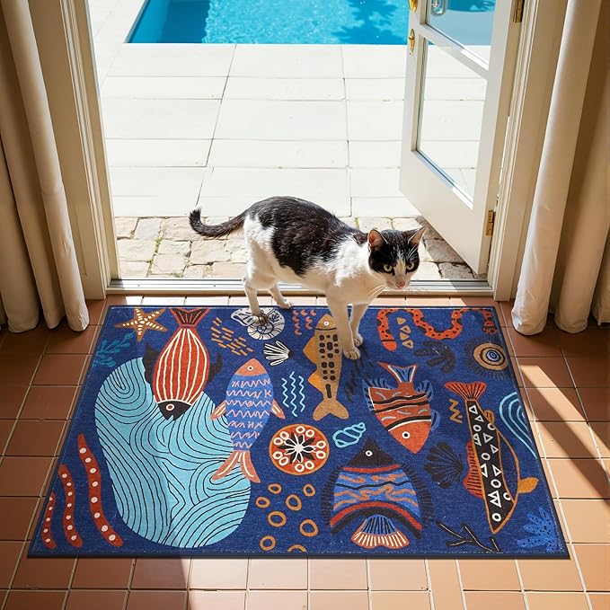 jinchan 2x3 Coastal Area Rug Washable Kids Rug Colorful Ocean Fish Mat Blue | Soft, Cozy, Non-Slip, Kid-Friendly, Lightweight, Entryway, Small Mat, Kitchen, Dorm, Bedroom, Laundry Room, Bathroom, Nursery