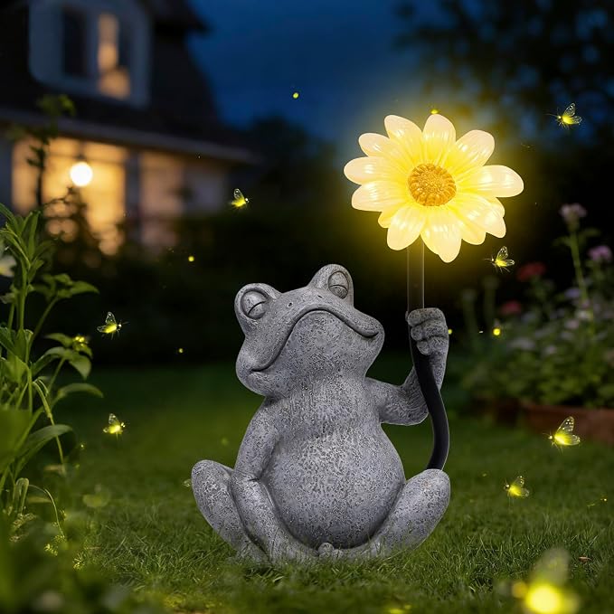 basen Solar Frog Garden Statue with Sunflower Light, Outdoor Solar Frog Figurine Decor for Yard Lawn Patio, Resin Frog Sculpture with LED Solar Lantern for Garden Landscape Ornament